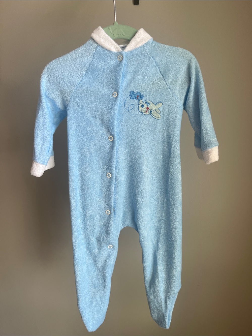 Vintage Sears Light Blue Plush Footed Baby One-Piece with Airplanes